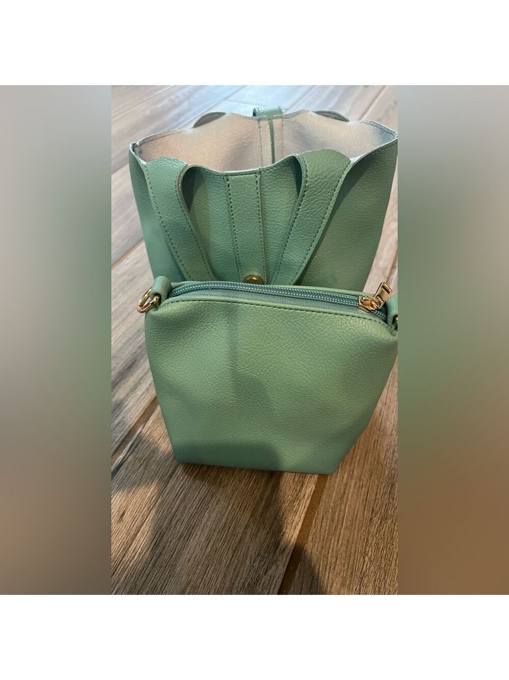 Anthropologie Pebbled Mini Bucket Bag Green - Picture 4 of 5